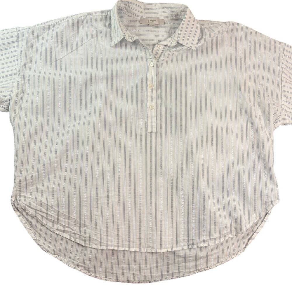LOFT White Blue Stripe 100% Cotton Oversized Button Front Shirt Women Large - Picture 8 of 8